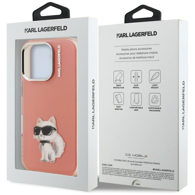 Husa iPhone 16 Pro Karl Lagerfeld IML Aquarelle Choupette Logo, roz, KLHCP16LHMCHAQP