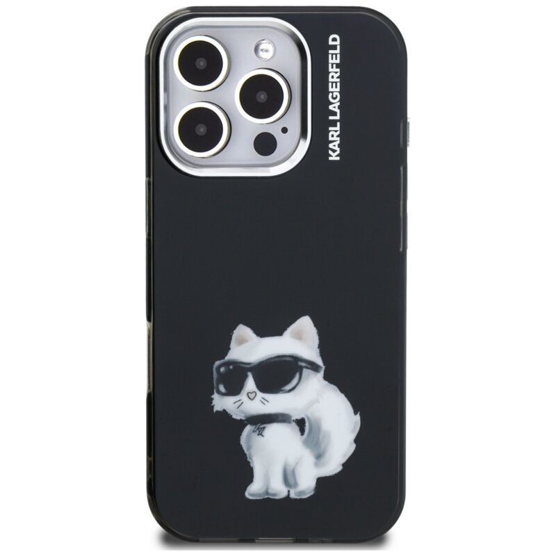 Husa iPhone 16 Pro Karl Lagerfeld IML Aquarelle Choupette Logo, negru, KLHCP16LHMCHAQK