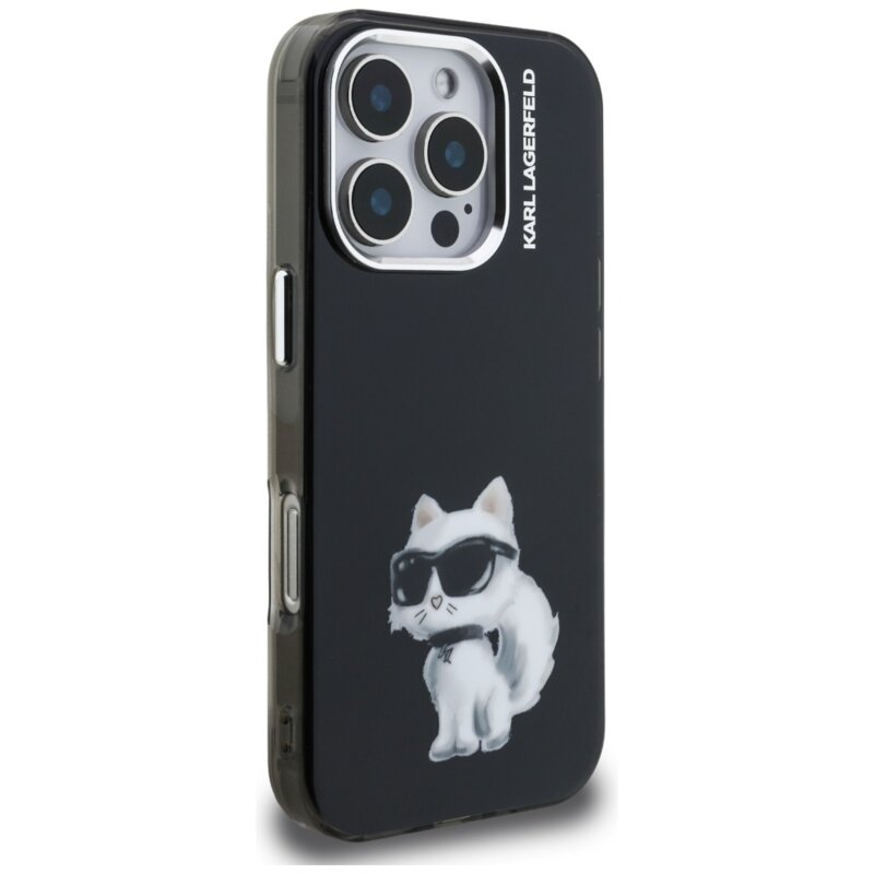 Husa iPhone 16 Pro Karl Lagerfeld IML Aquarelle Choupette Logo, negru, KLHCP16LHMCHAQK