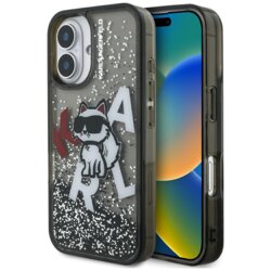 Husa Karl Lagerfeld iPhone 16 Liquid Glitter Choupette Logo MagSafe, negru, KLHCP16SLCHSCTDK