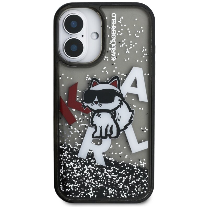 Husa Karl Lagerfeld iPhone 16 Liquid Glitter Choupette Logo MagSafe, negru, KLHCP16SLCHSCTDK