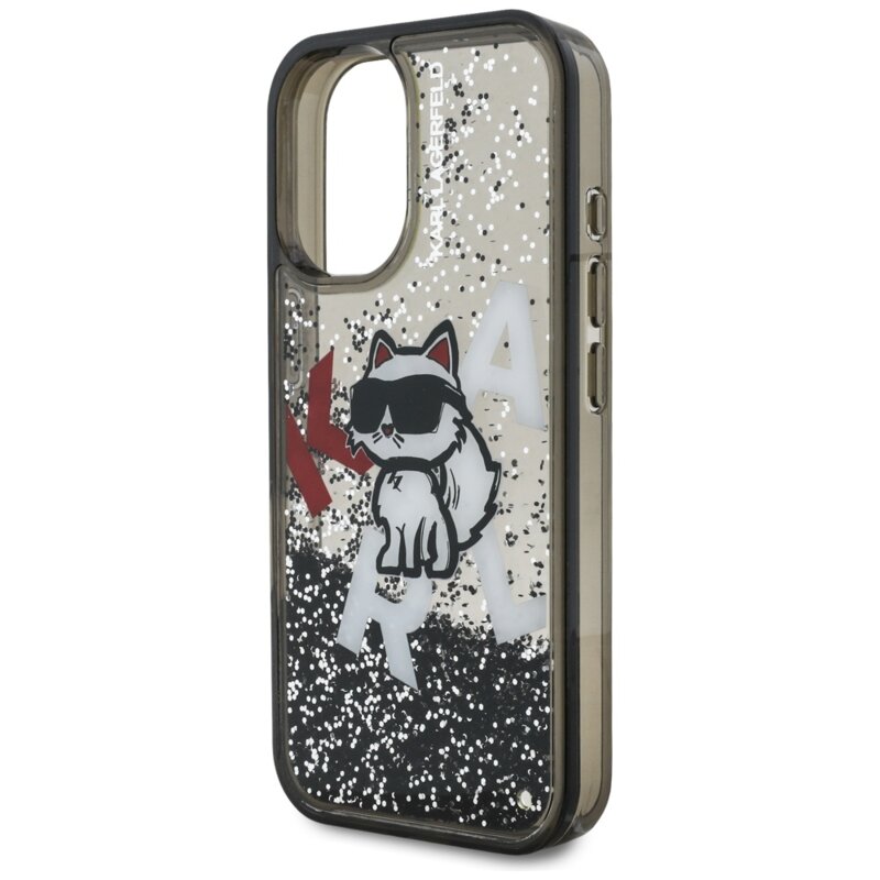 Husa Karl Lagerfeld iPhone 16 Liquid Glitter Choupette Logo MagSafe, negru, KLHCP16SLCHSCTDK