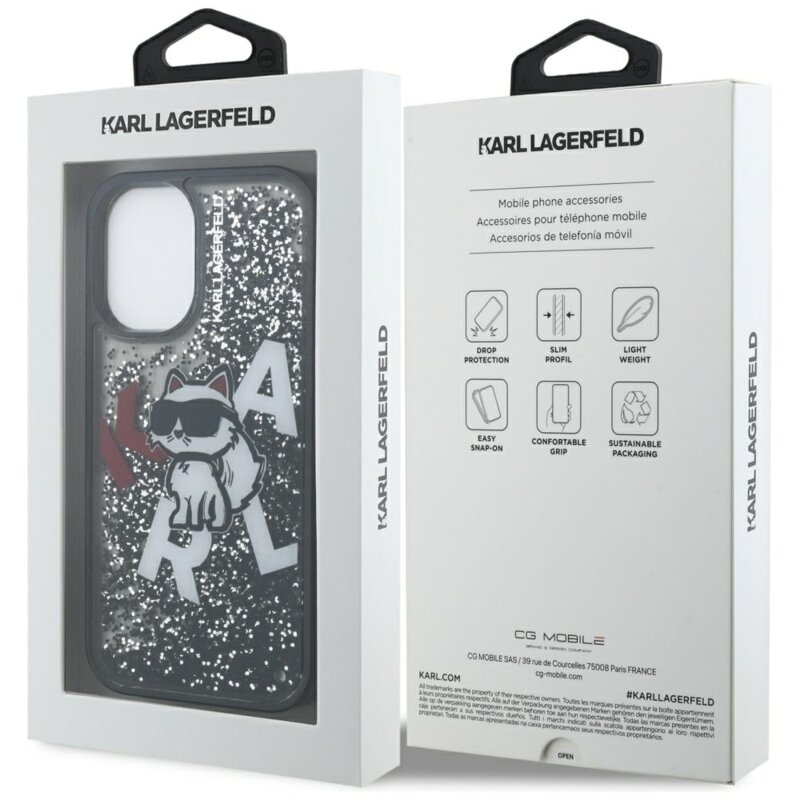 Husa Karl Lagerfeld iPhone 16 Liquid Glitter Choupette Logo MagSafe, negru, KLHCP16SLCHSCTDK