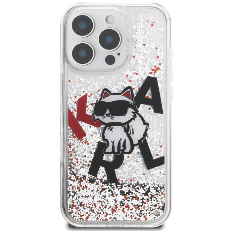 Husa Karl Lagerfeld iPhone 16 Pro Liquid Glitter Choupette Logo MagSafe, transparent, KLHCP16LLCHSCTDT