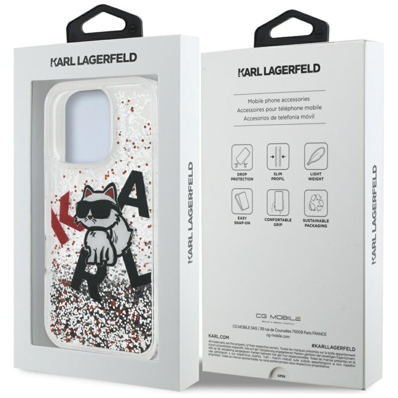 Husa Karl Lagerfeld iPhone 16 Pro Liquid Glitter Choupette Logo MagSafe, transparent, KLHCP16LLCHSCTDT