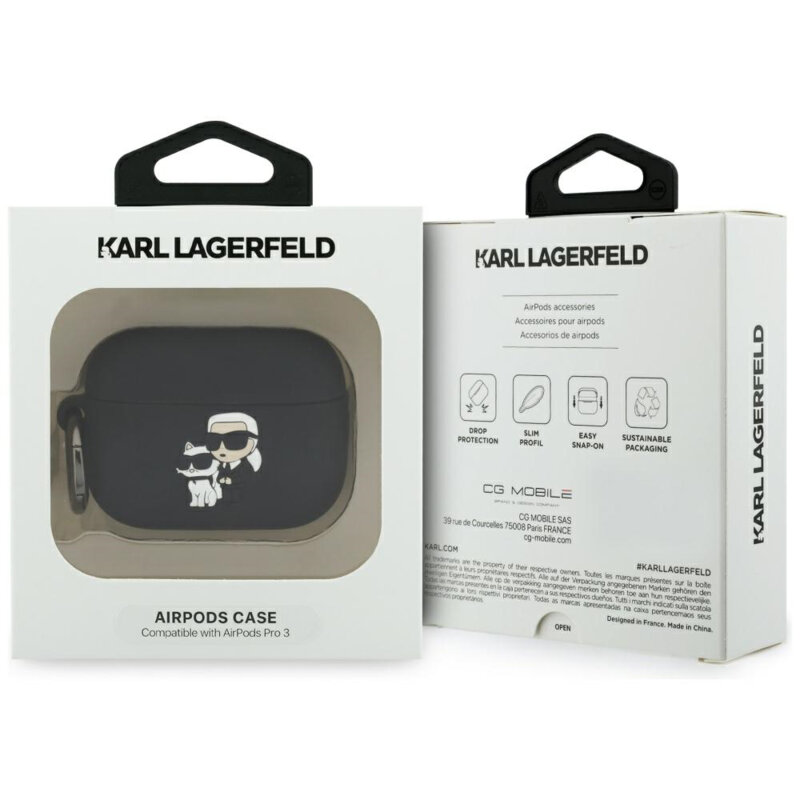 Husa Apple AirPods Pro 3 Karl Lagerfeld Silicone Karl&Choupette Head 3D, negru, KLAP3RUNKC