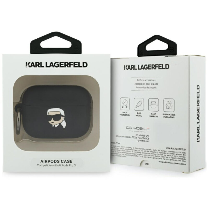 Husa Apple AirPods Pro 3 Karl Lagerfeld Silicone Karl Head 3D, negru, KLAP3RUNIKK