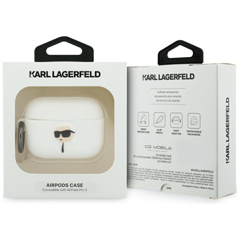Husa Apple AirPods Pro 3 Karl Lagerfeld Silicone Karl Head 3D, alb, KLAP3RUNIKH