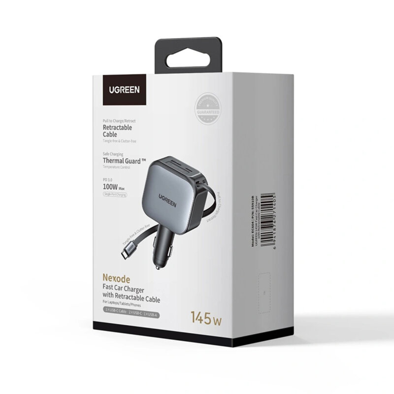 Incarcator auto cu cablu retractabil 145W, Ugreen 55910B, negru