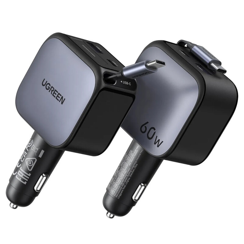Incarcator auto bricheta USB, 2x Type-C, 60W Ugreen, gri, 55212B
