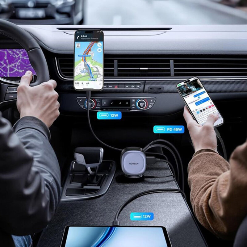 Incarcator auto bricheta USB, 2x Type-C, 75W Ugreen, negru, 55653