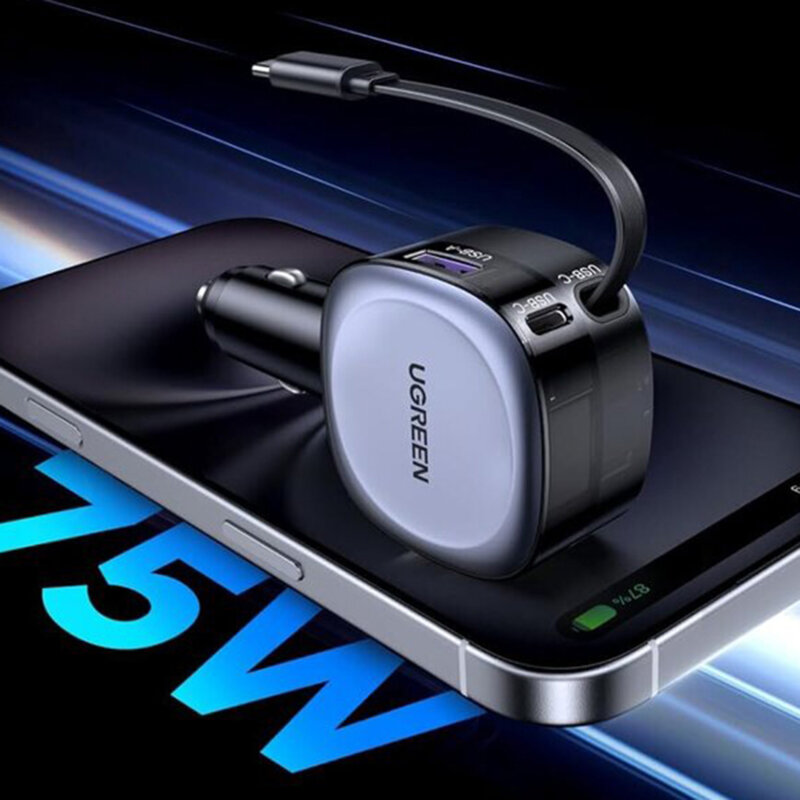 Incarcator auto bricheta USB, 2x Type-C, 75W Ugreen, negru, 55653