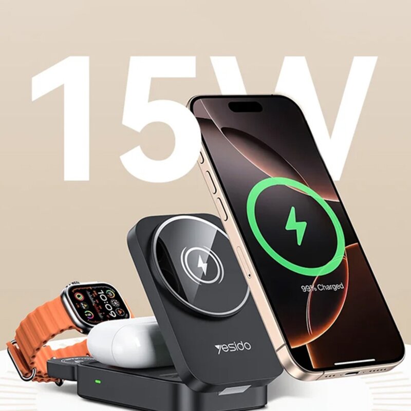Statie incarcare wireless 3in1 pliabila Yesido DS27, 15W, negru