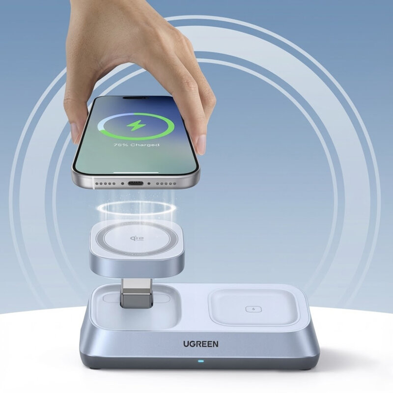 Incarcator wireless MagSafe Qi2 3in1 Ugreen, 25W, bleu, W711
