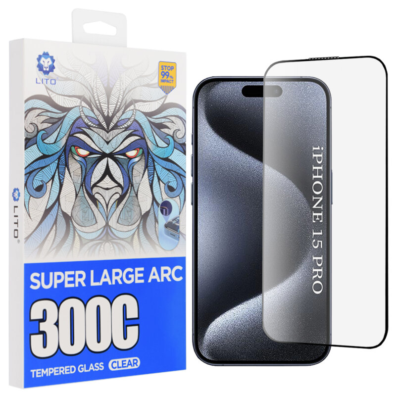 Folie sticla iPhone 15 Pro Lito D+ Max 300C, transparenta