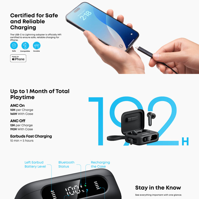 Casti wireless, power bank + adaptor iPhone Anker P41i MFI, alb