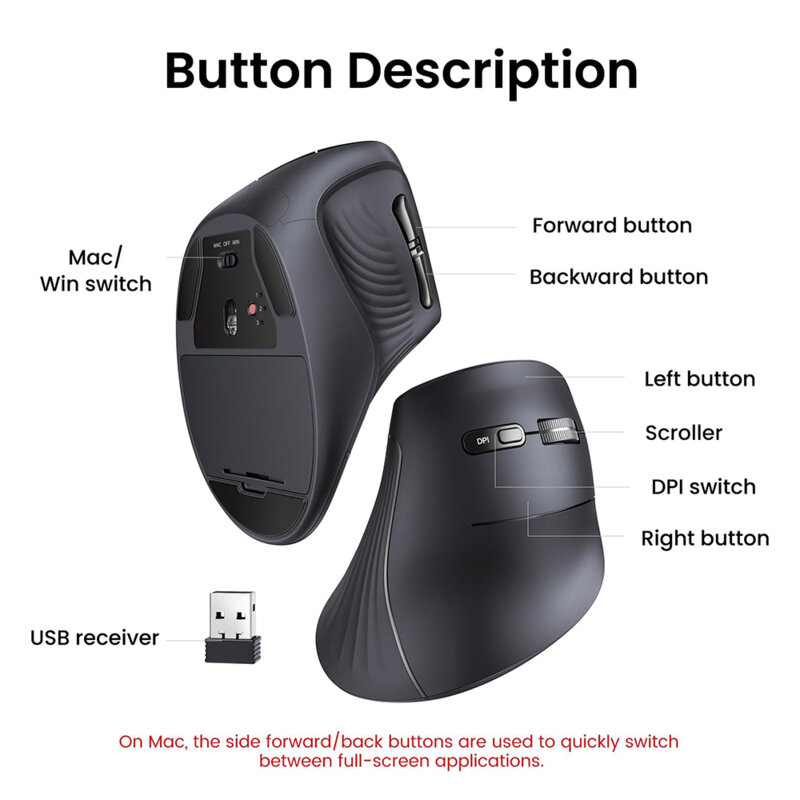 Mouse vertical wireless Bluetooth Ugreen, 4000DPI, negru, 25444