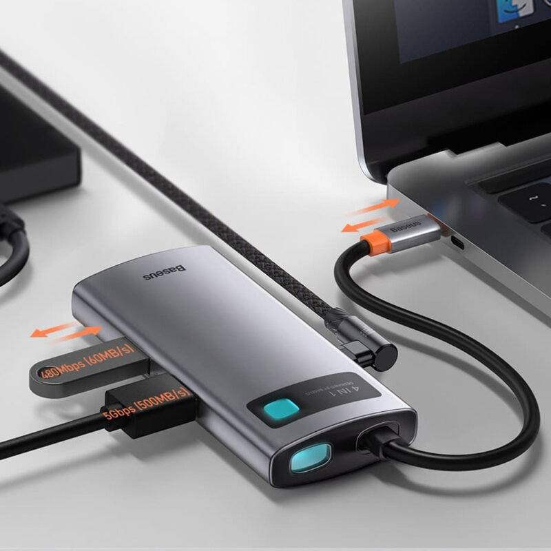 Dock USB-C Baseus la 2x USB, Type-C, HDMI, gri, CAHUB-CY0G