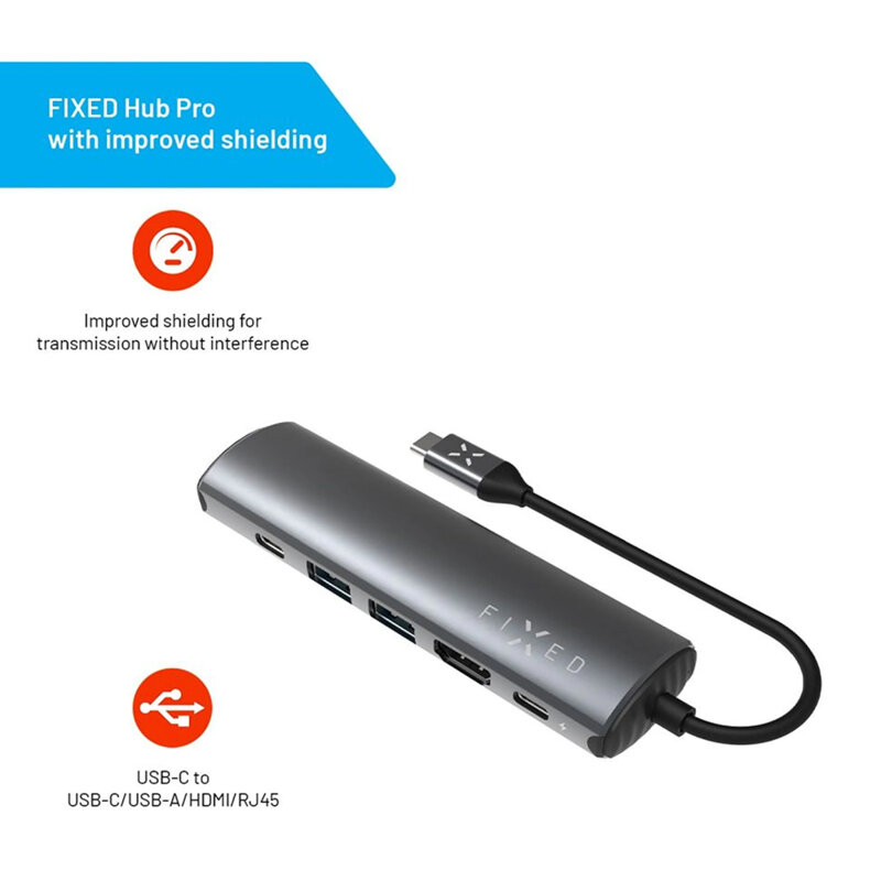 Hub 6in1 HDMI, USB-C/A, RJ45, 4K, PD100W, Fixed FIXHU-P-GR