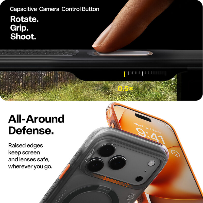 Husa iPhone 17 Pro Max Torras Ostand Spin Air Series, negru