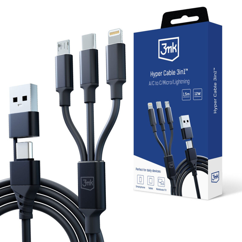 Cablu 3in1 USB-C/Micro-USB/Lighting 12W, 3mk Hyper, 1.5m