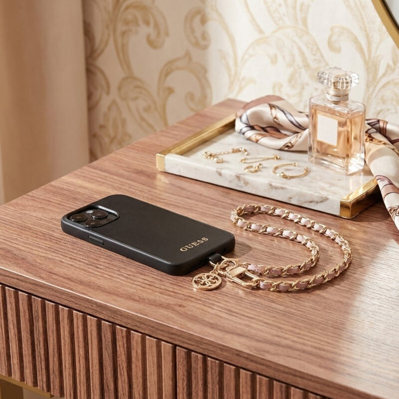 Lanyard telefon universal Guess Saffiano 4G Charm, negru, GUOUCHSAMC4P