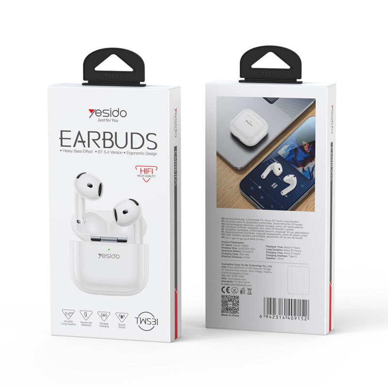 Casti airpod Bluetooth 5.4, half-in-ear Yesido TWS31, 300mAh, alb