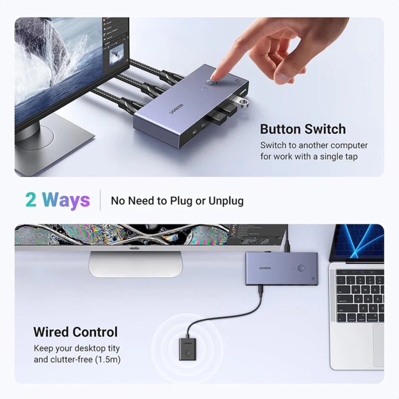 Switch HDMI 8K cu porturi USB, USB-C, suport 3D Ugreen, gri, 25961