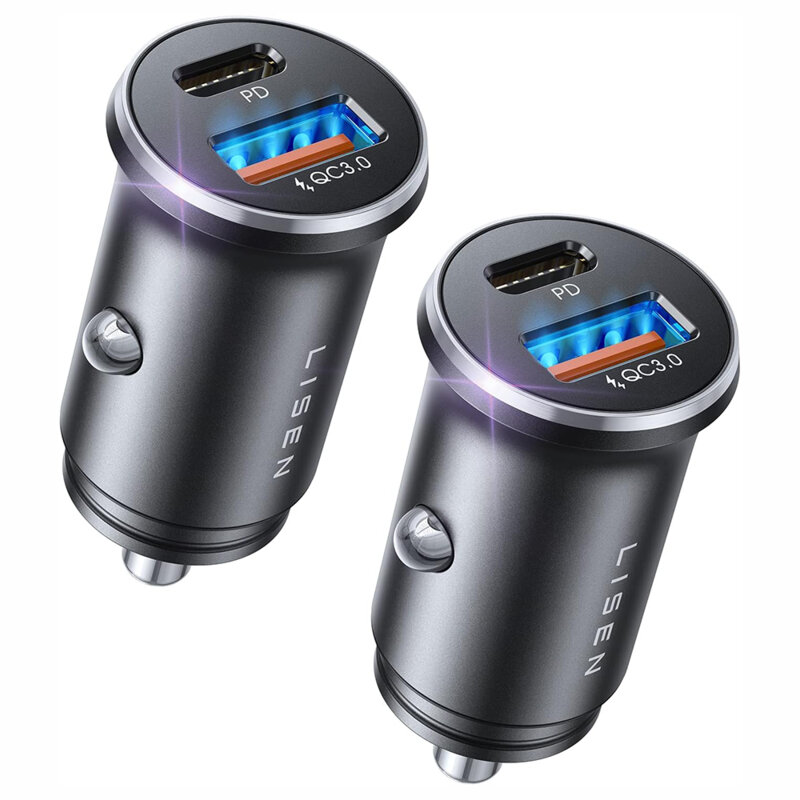 [Pachet 2x] Incarcator auto USB, Type-C Lisen, 54W, negru