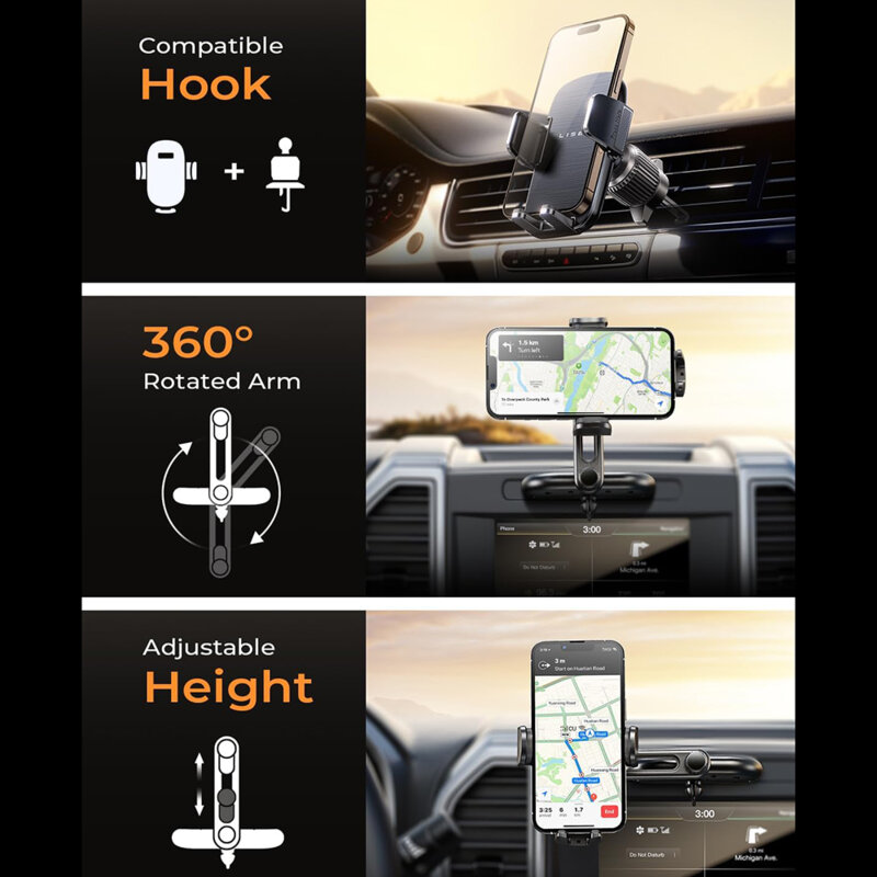 Suport auto telefon, prindere in grila ventilatie Lisen, negru