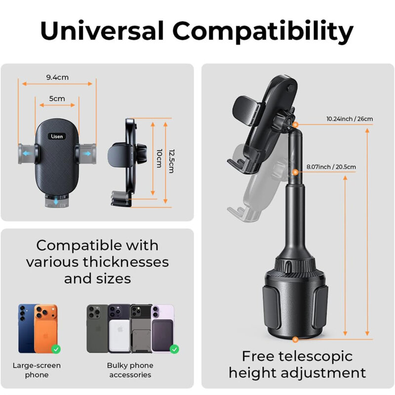 Suport telefon auto universal, ajustabil Lisen, negru