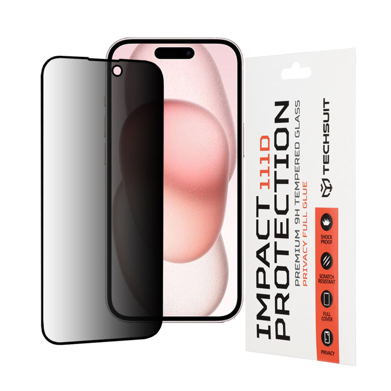 Folie sticla iPhone 15 Techsuit 111D Privacy Full Glue, negru