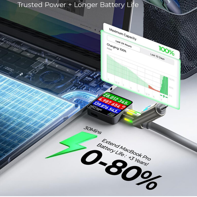 Cablu Fast Charge Type-C, Lightning Lisen, RGB, 240W, 2m, gri