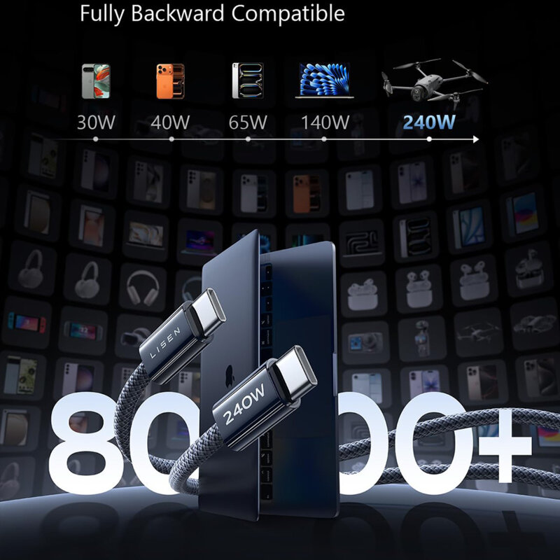 [Pachet 2x] Cablu de date Type-C la Type-C Lisen, 240W, 2m, bleumarin