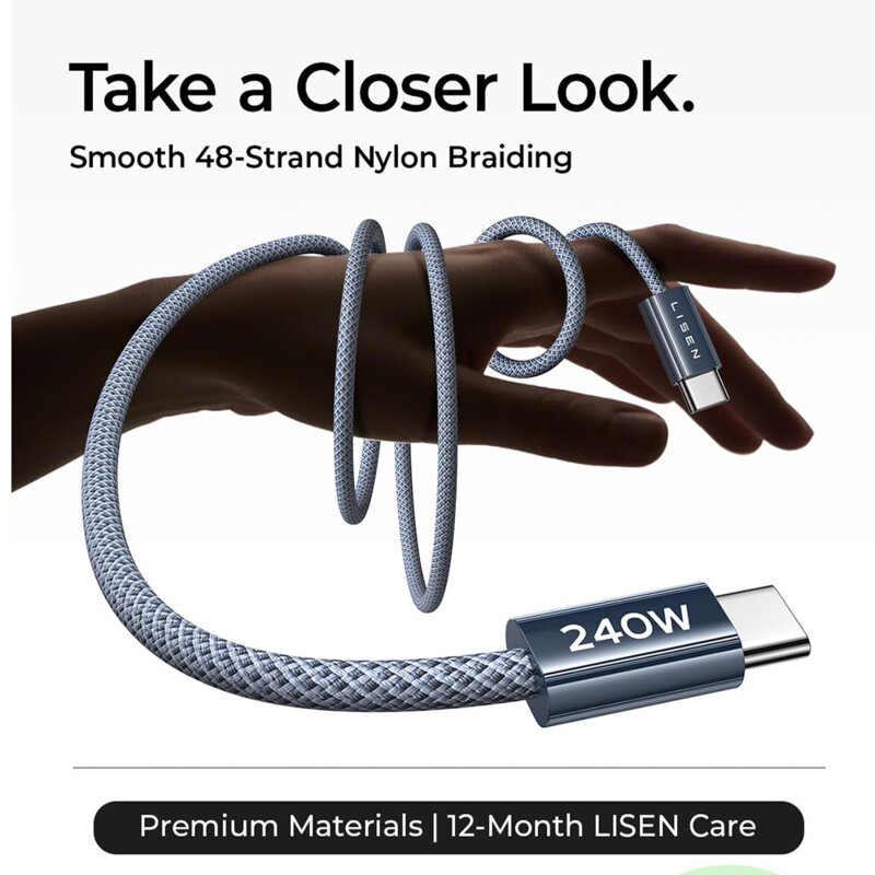 [Pachet 2x] Cablu de date Type-C la Type-C Lisen, 240W, 2m, bleumarin