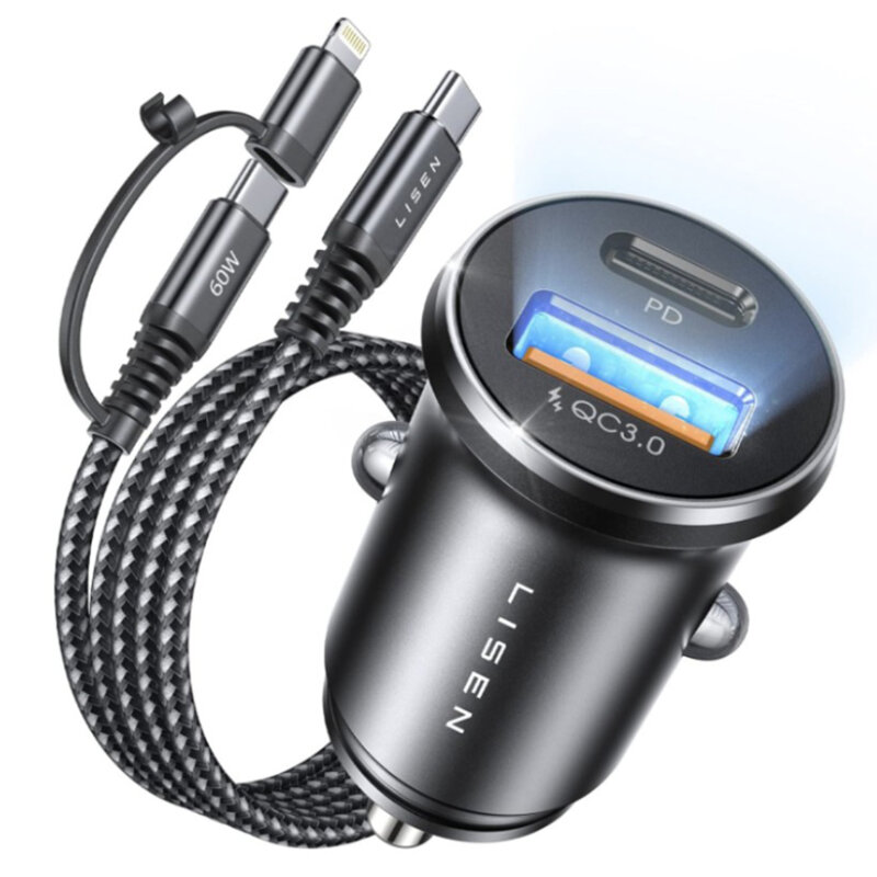 Incarcator auto USB, Type-C, cu cablu 3in1 Lisen, YL0223080035