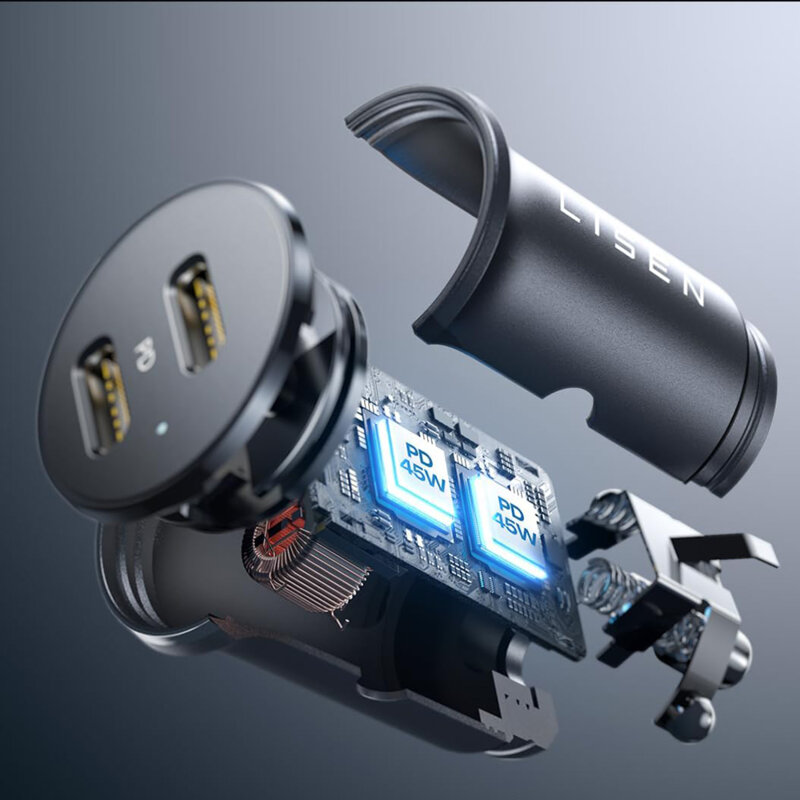 Incarcator auto cu port dublu Type-C Lisen. 90W, aluminiu, negru