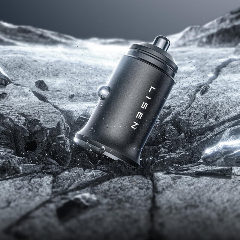 Incarcator auto cu port dublu Type-C Lisen. 90W, aluminiu, negru