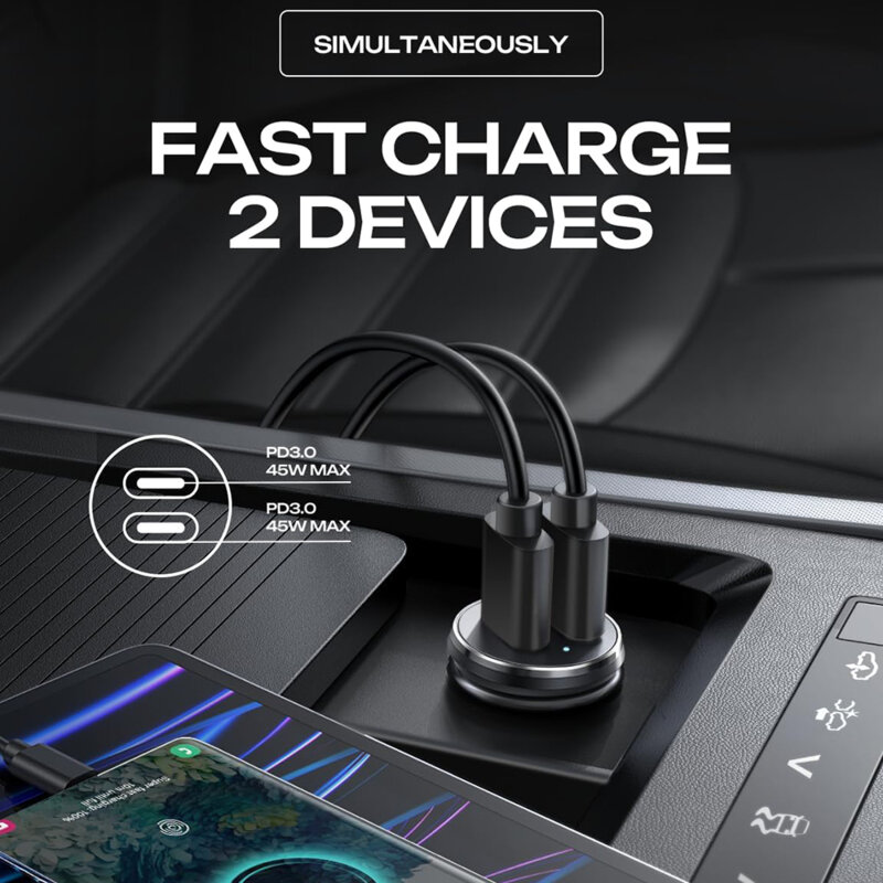 Incarcator auto cu port dublu Type-C Lisen. 90W, aluminiu, negru