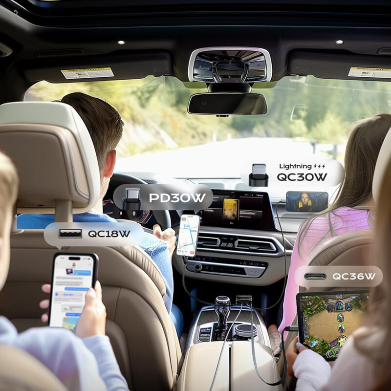 Incarcator auto cu 2x cablu retractabil Lisen, 96W, negru