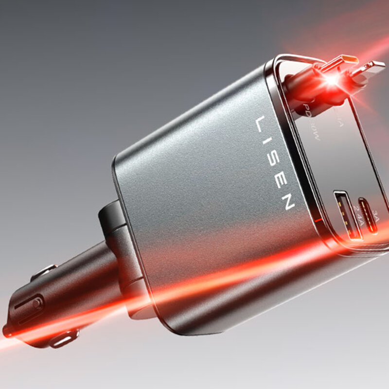 Incarcator auto cu cablu retractabil Lisen, negru