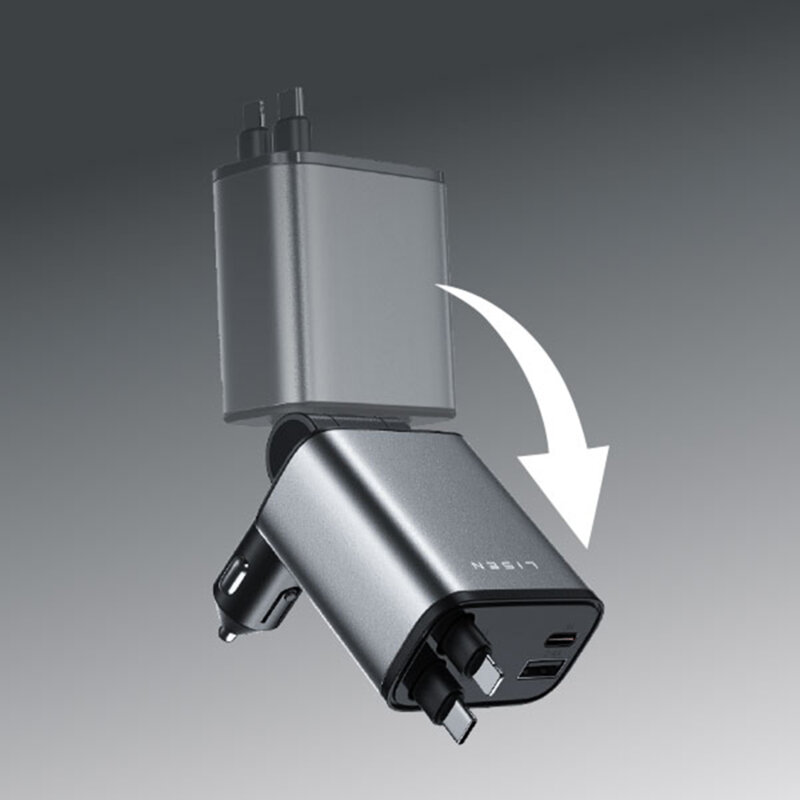 Incarcator auto cu cablu retractabil Lisen, negru