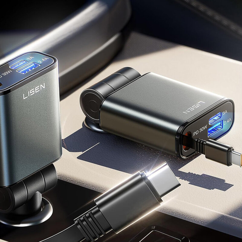 Incarcator auto cu cablu retractabil Lisen, 57W, negru