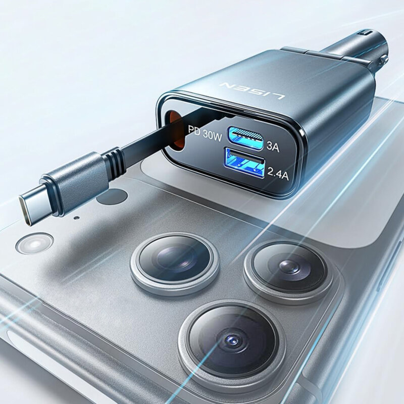 Incarcator auto cu cablu retractabil Lisen, 57W, negru