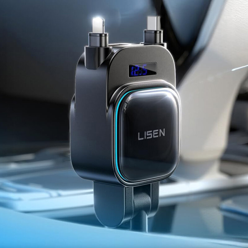Incarcator auto cu 2x cablu retractabil Lisen, 96W, negru