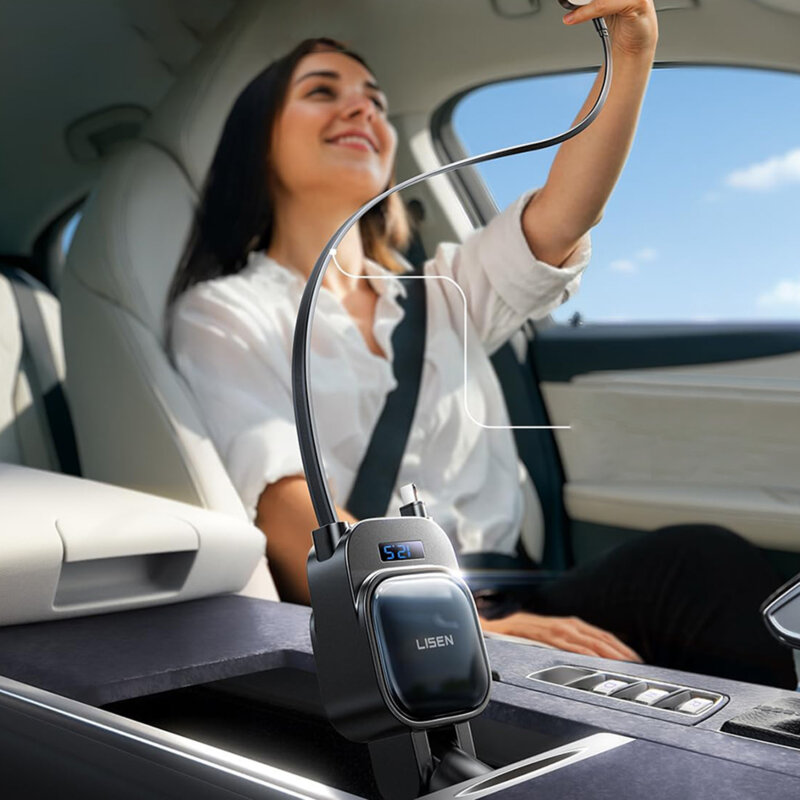 Incarcator auto cu 2x cablu retractabil Lisen, 96W, negru