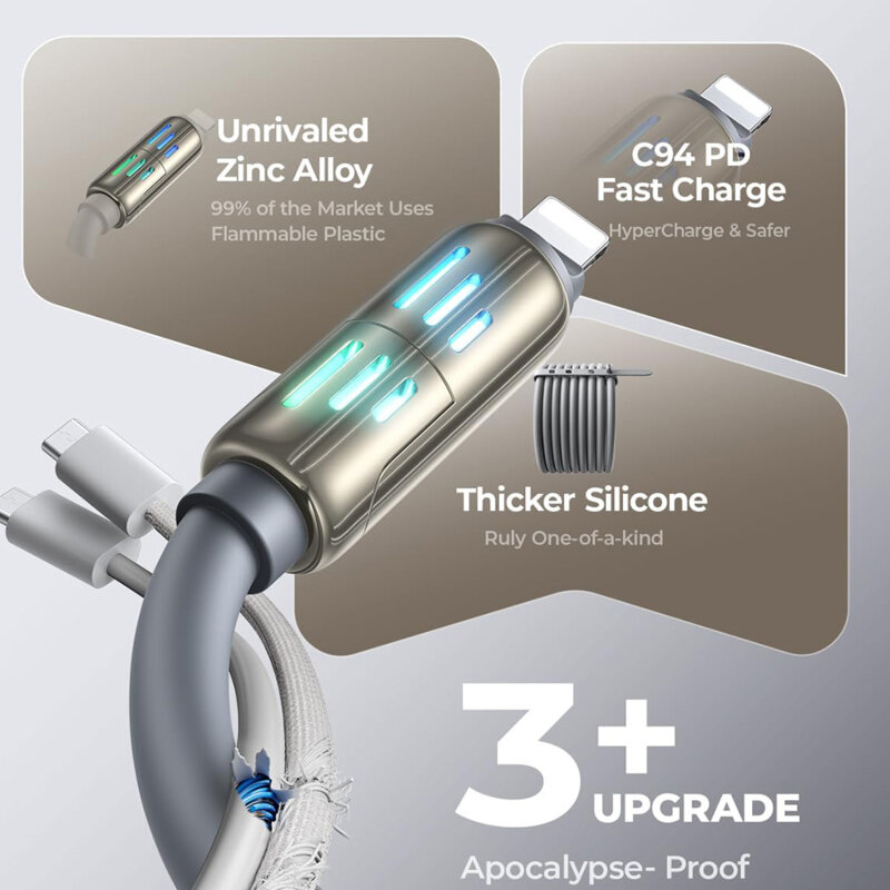 Cablu Fast Charge Type-C, Lightning Lisen, RGB, 240W, 2m, gri