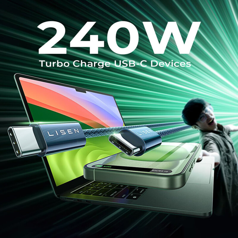 [Pachet 2x] Cablu de date Type-C la Type-C Lisen, 240W, 2m, bleumarin