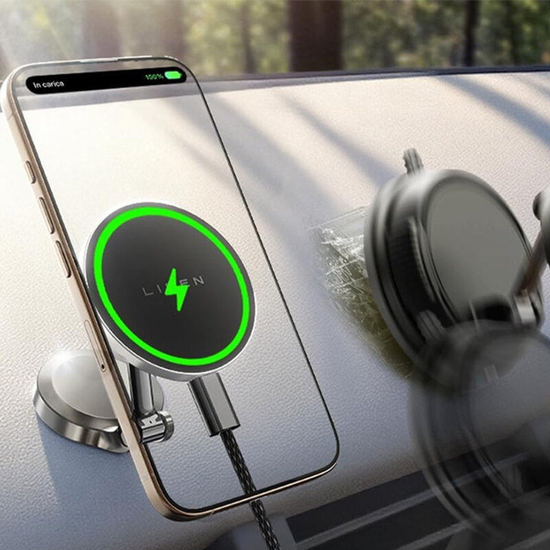 Suport auto minimalist cu incarcare wireless Lisen, 15W, negru