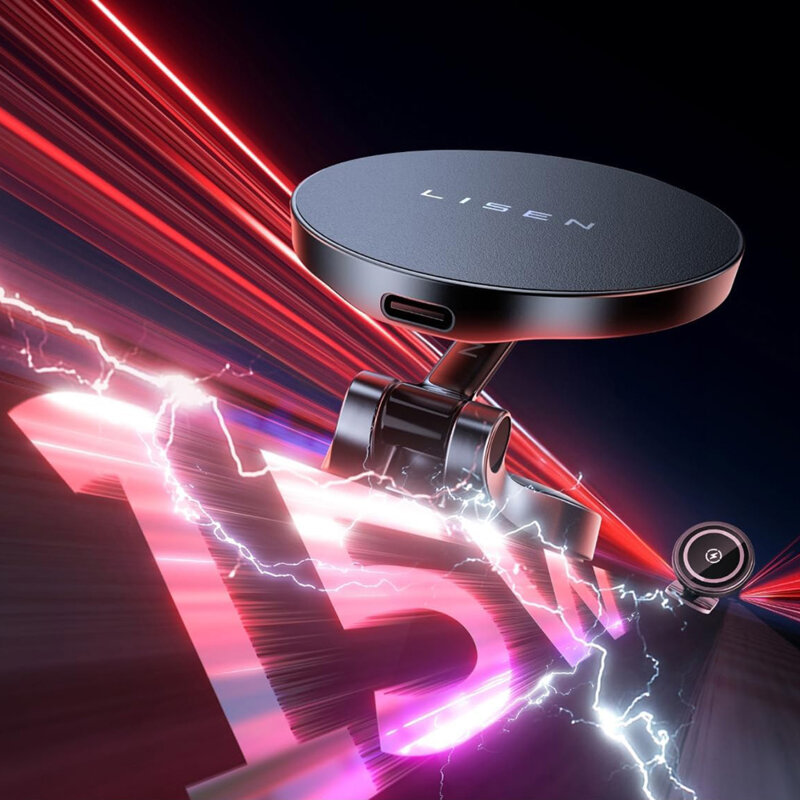 Suport auto minimalist cu incarcare wireless Lisen, 15W, negru